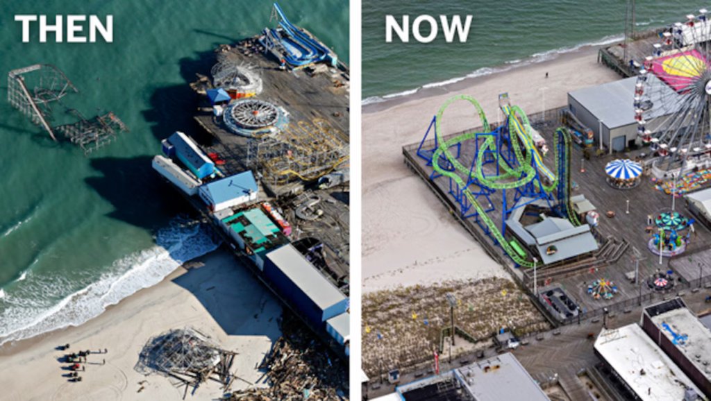 Aerial comparison of Jersey Shore attractions before and after Hurricane Sandy, highlighting the resilience and rebuilding of boardwalks and amusement rides.