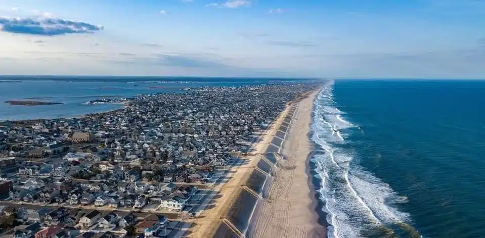 Aerial view of undeveloped Jersey Shore barrier island and coastline, Island Beach State Park and
