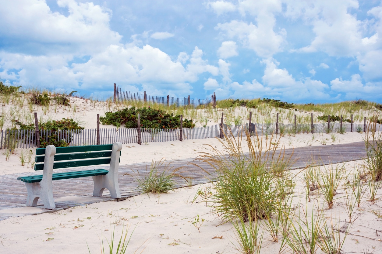 Beachside bench overlooking sandy dunes and grassy vegetation in Seaside Park, New Jersey, under a blue sky with fluffy clouds.