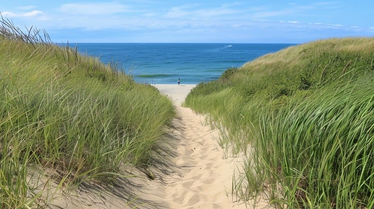Pathway through tall grass leading to a sandy beach and calm ocean waters, ideal for kayaking and fishing in Seaside Heights, NJ.