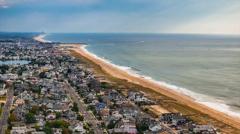 Aerial view of Bay Head, New Jersey, showcasing upscale homes, pristine beaches, and coastal scenery.