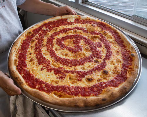 Large tomato pie with spiral sauce design, showcasing Maruca’s signature style, served at a Jersey Shore pizzeria.