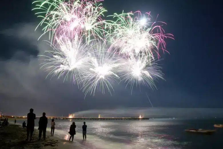 Fireworks display over the beach at night, with colorful bursts illuminating the sky, and spectators enjoying the view along the shoreline, capturing the festive atmosphere of summer celebrations at the Jersey Shore.