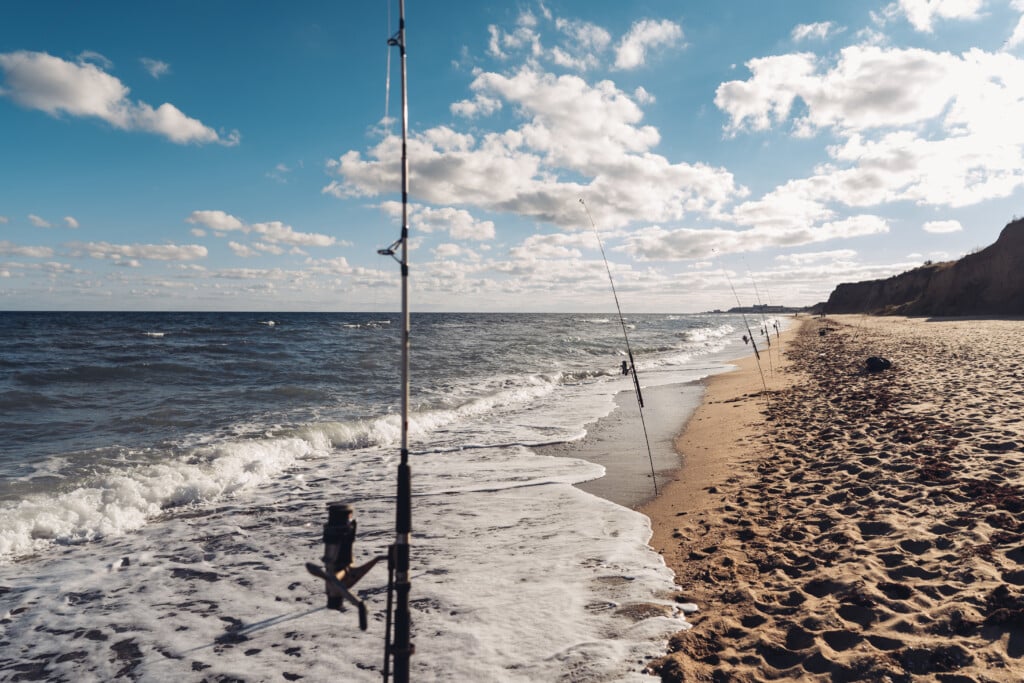 Fishing rods lined along a sandy beach with gentle waves, capturing the ideal fall fishing atmosphere at the Jersey Shore, highlighting opportunities for striped bass and bluefish.