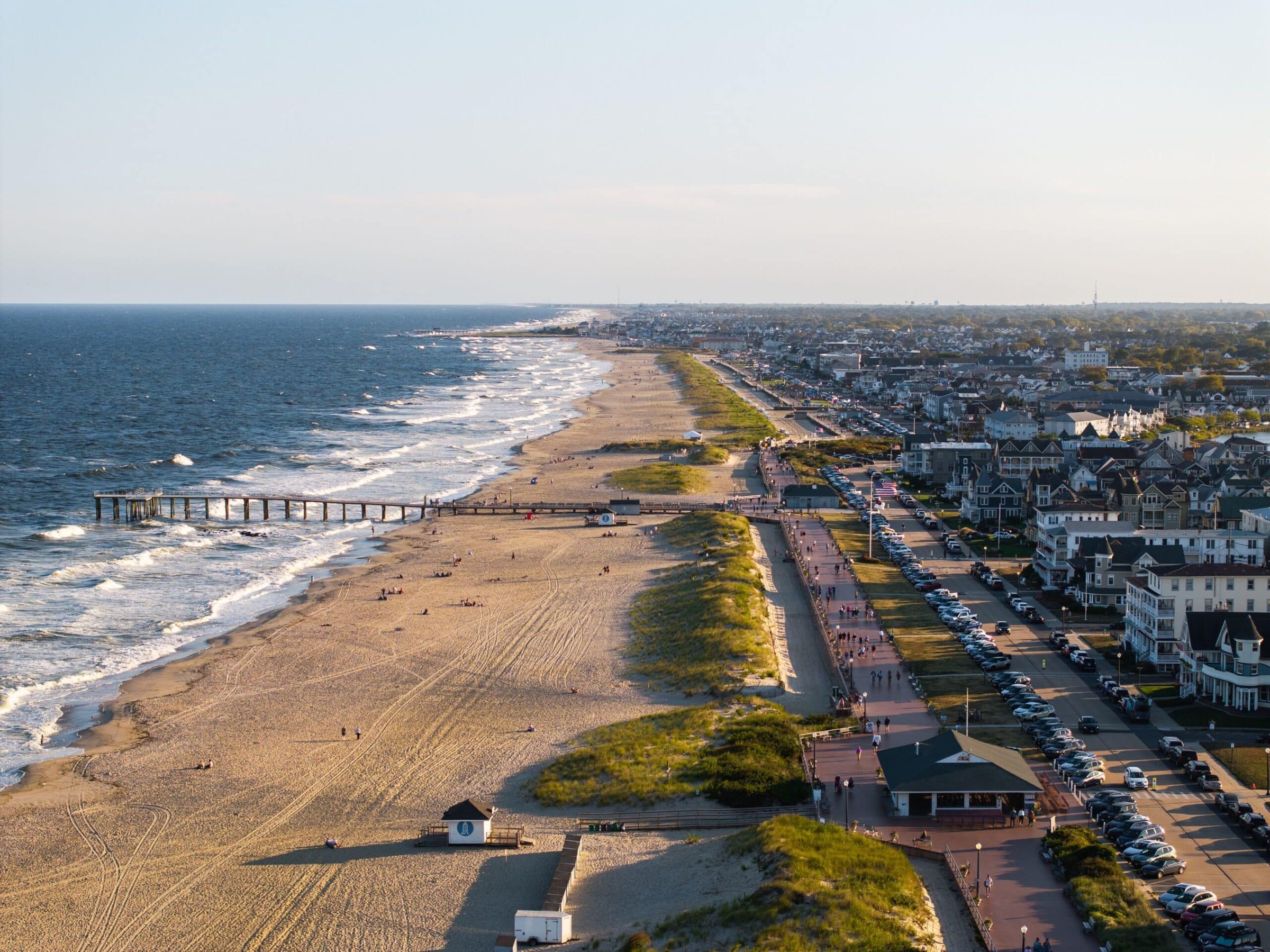 Aerial view of Bradley Beach, New Jersey, showcasing the wide, clean beach and oceanfront promenade