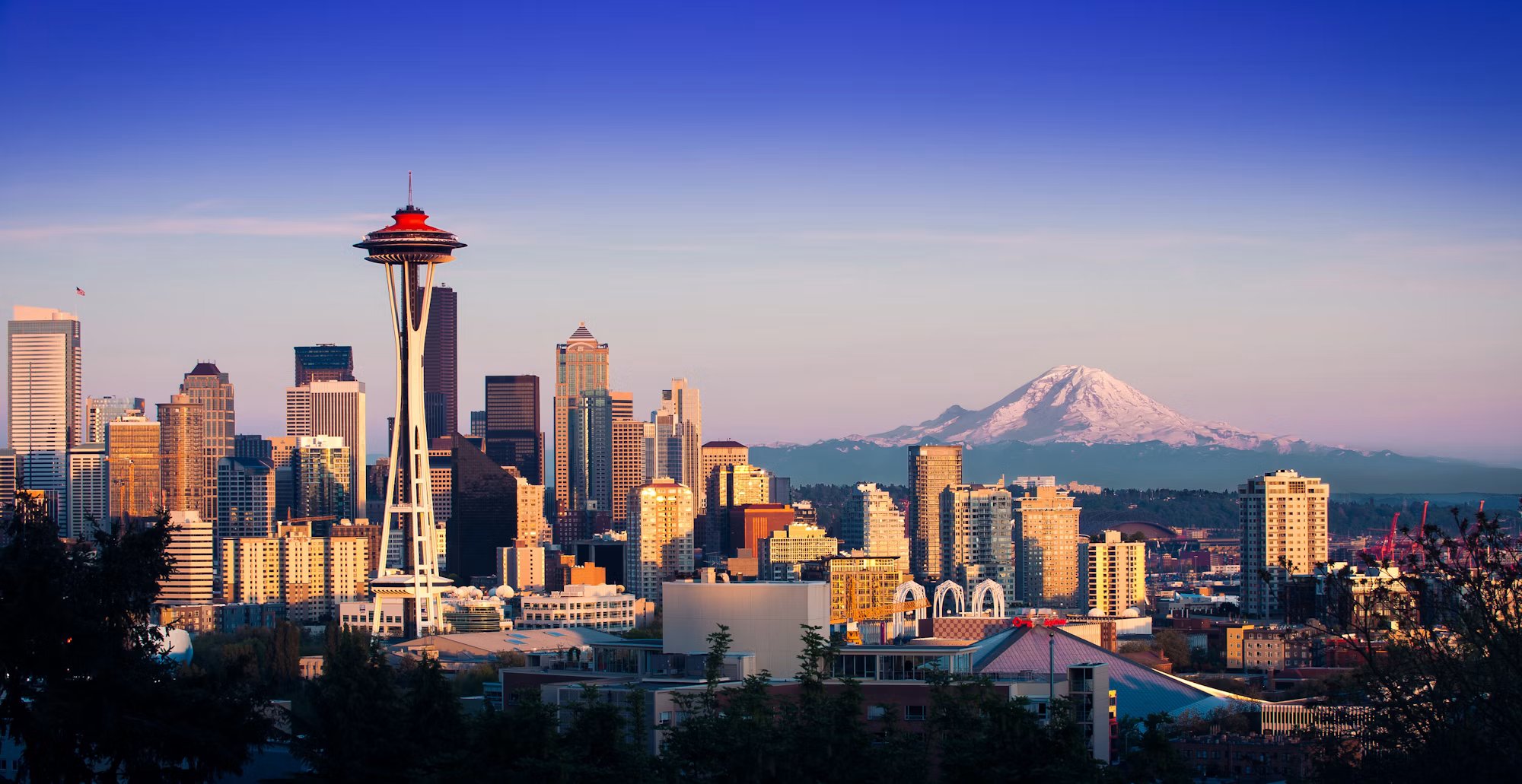 Seattle skyline with the Space Needle and Mount Rainier in the distance
