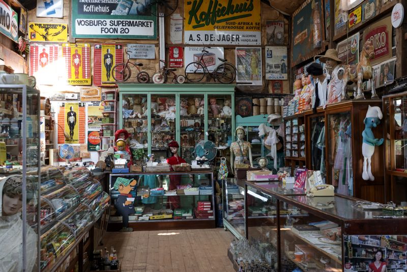 Vintage signs and retro collectibles inside Main Street Flea Market in historic downtown Branson