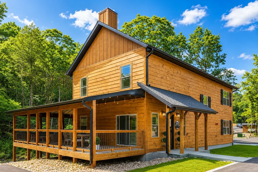 Large wood cabin exterior with wraparound porch surrounded by Ozark Mountain trees, style of Branson lodge rental for Labor Day weekend