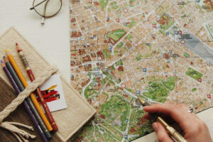 A Branson map displayed with a pencil and a pen resting on it
