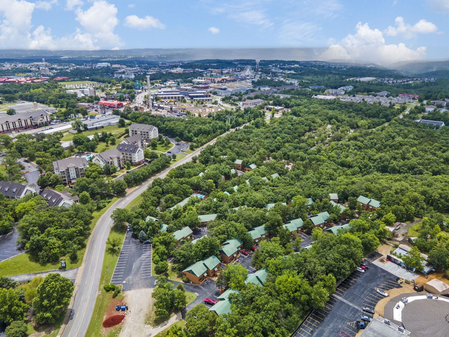 Aerial view of the Cabins at Green Mountain community near Cabins at Grand Mountain, both Thousand Hills Vacations rentals in Branson, Missouri