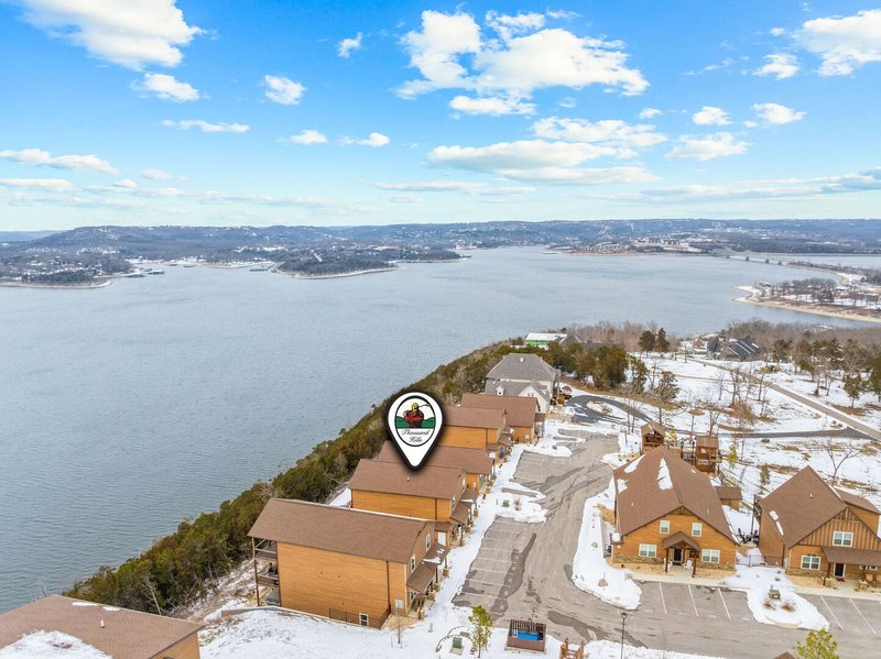 Winter aerial of lakefront short-term rental homes at Wilderness Mountain in Kimberling City, Missouri, above Table Rock Lake