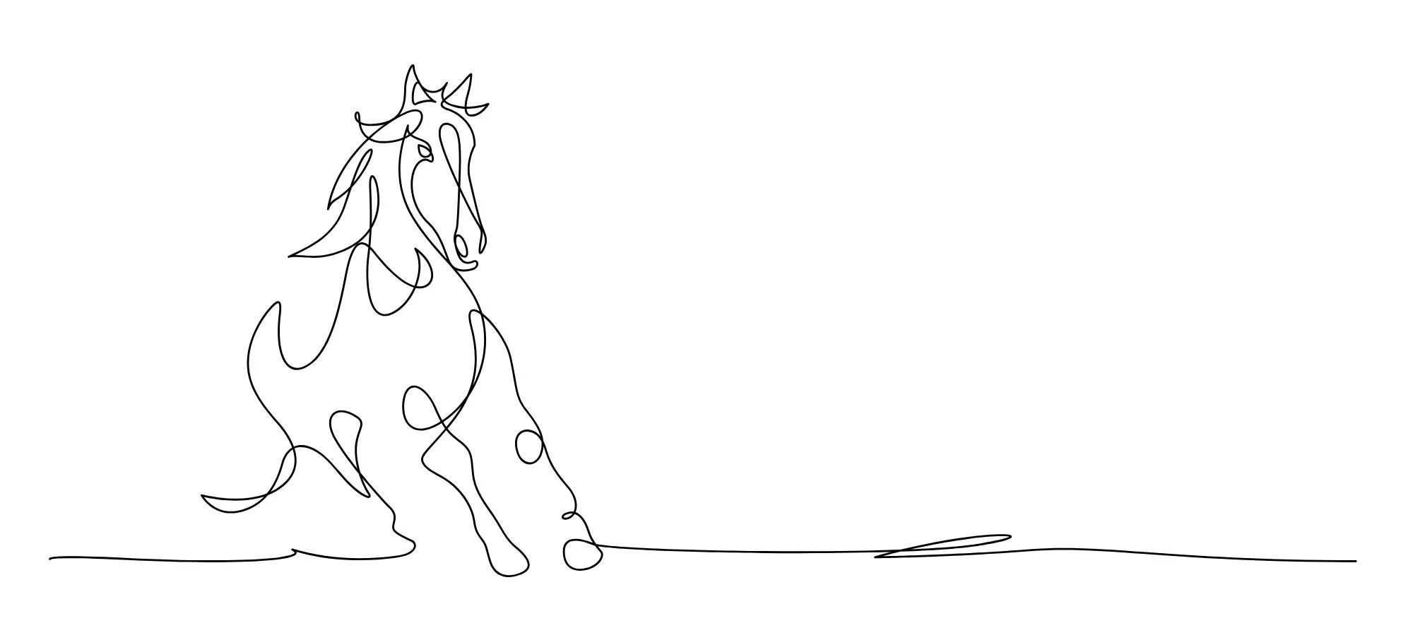 Minimalist continuous-line drawing of a stylized horse standing on a ground line.